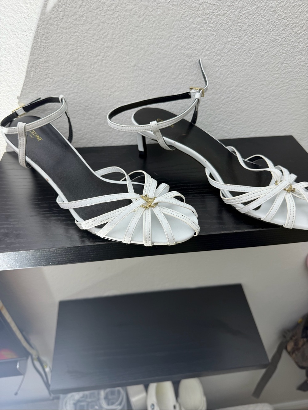 Celine White Strappy Ankle‑Strap Kitten Heel Sandals